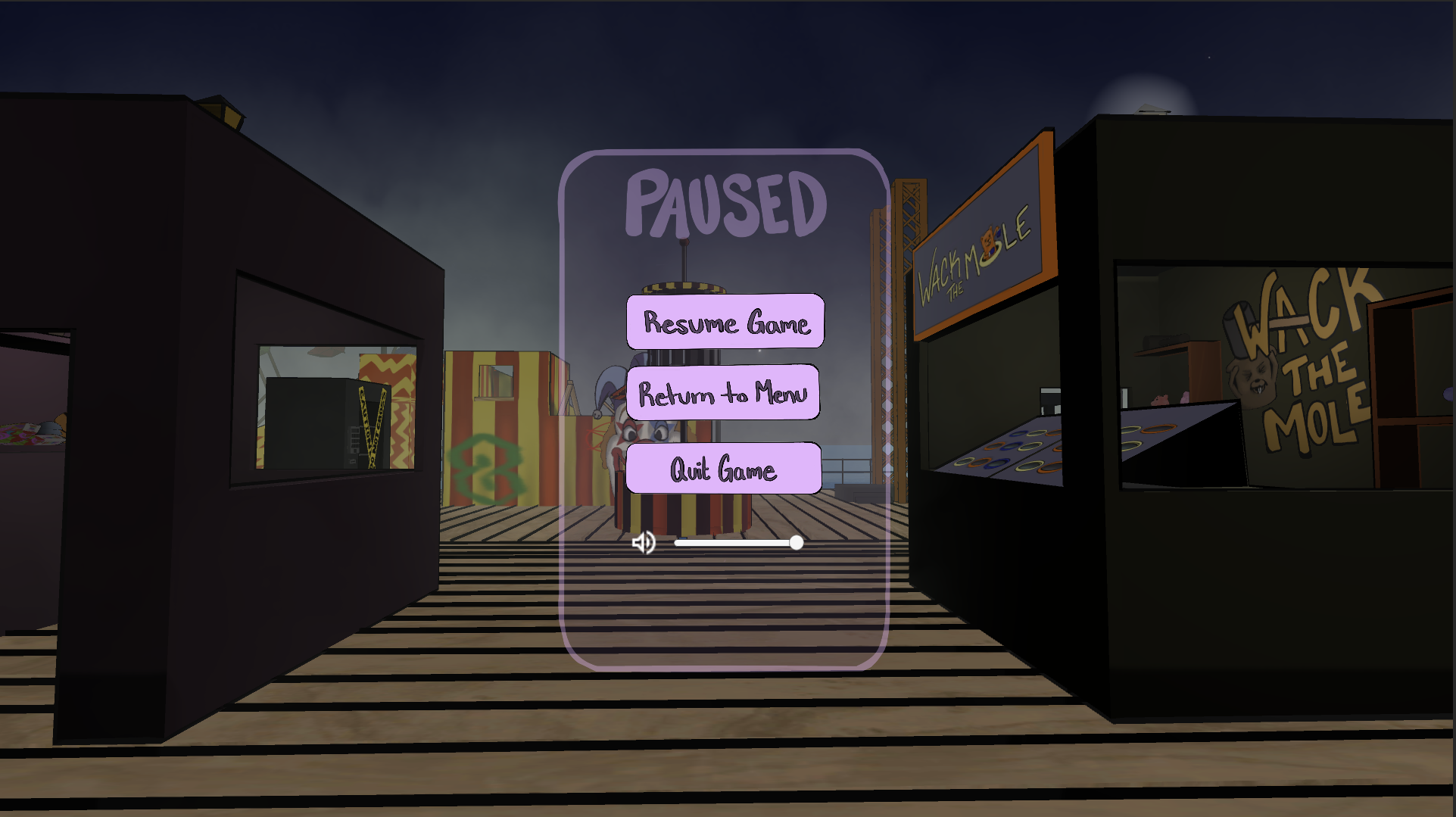 Pause screen with resume, settings, and quit buttons and keyboard reminder