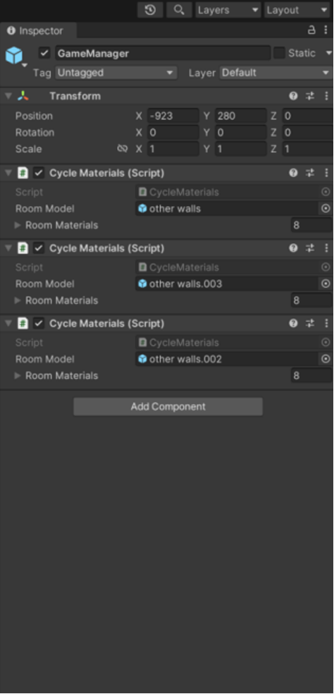 GameManager object with multiple CycleMaterials components for different wall groups