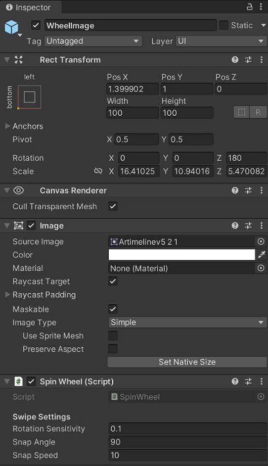 WheelImage inspector with SpinWheel script: sensitivity 0.1, snap 90°, speed 10